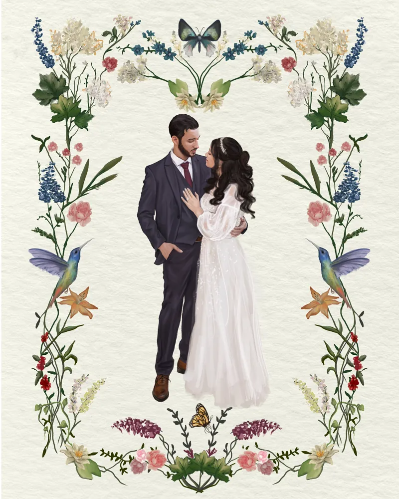 Hand-painted acrylic wedding portrait of a couple within a botanical floral wreath