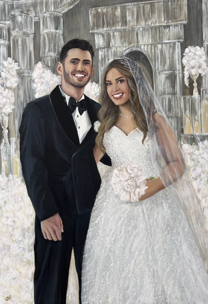Hand-painted acrylic wedding portrait of a couple in a tuxedo and white gown