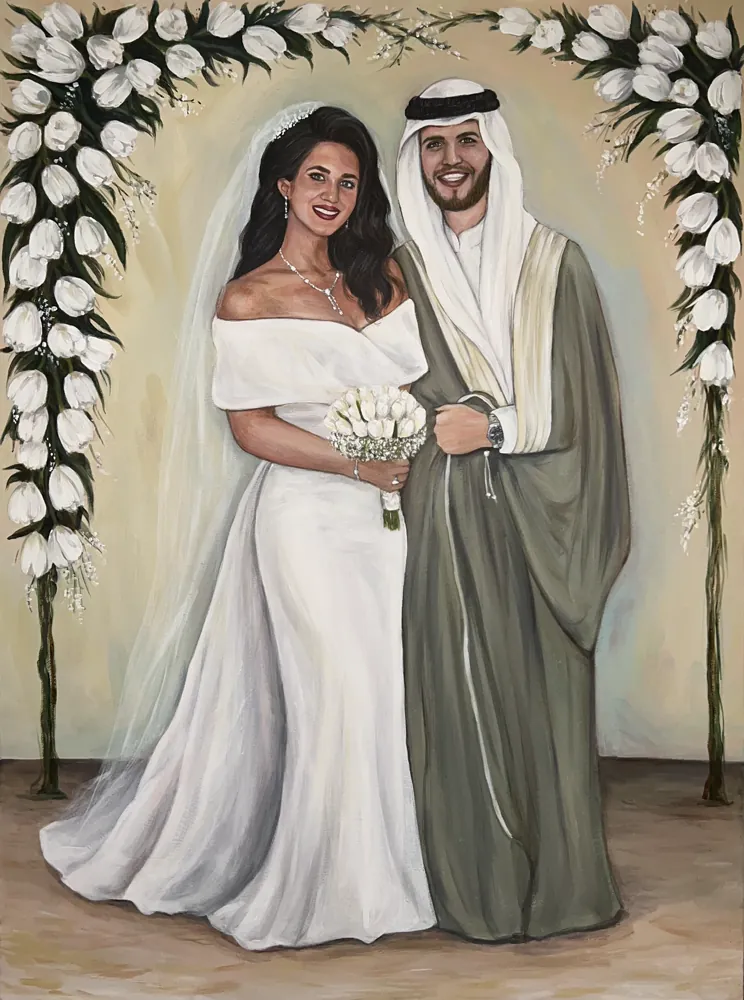Hand-painted acrylic wedding portrait of an Emirati couple: the groom in a white ghutra and olive bisht, the bride in a white gown and veil, standing beneath an arch of white tulips.