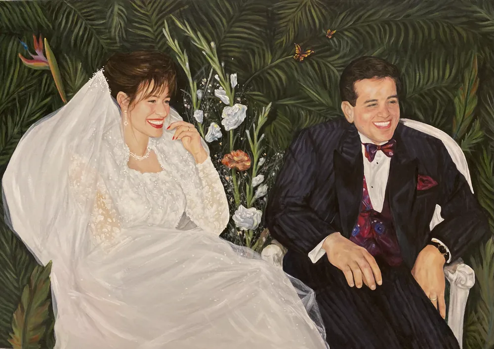Acrylic wedding portrait painted from an older family photograph: a couple seated and laughing, the bride in a lace gown and veil, against dark tropical foliage.